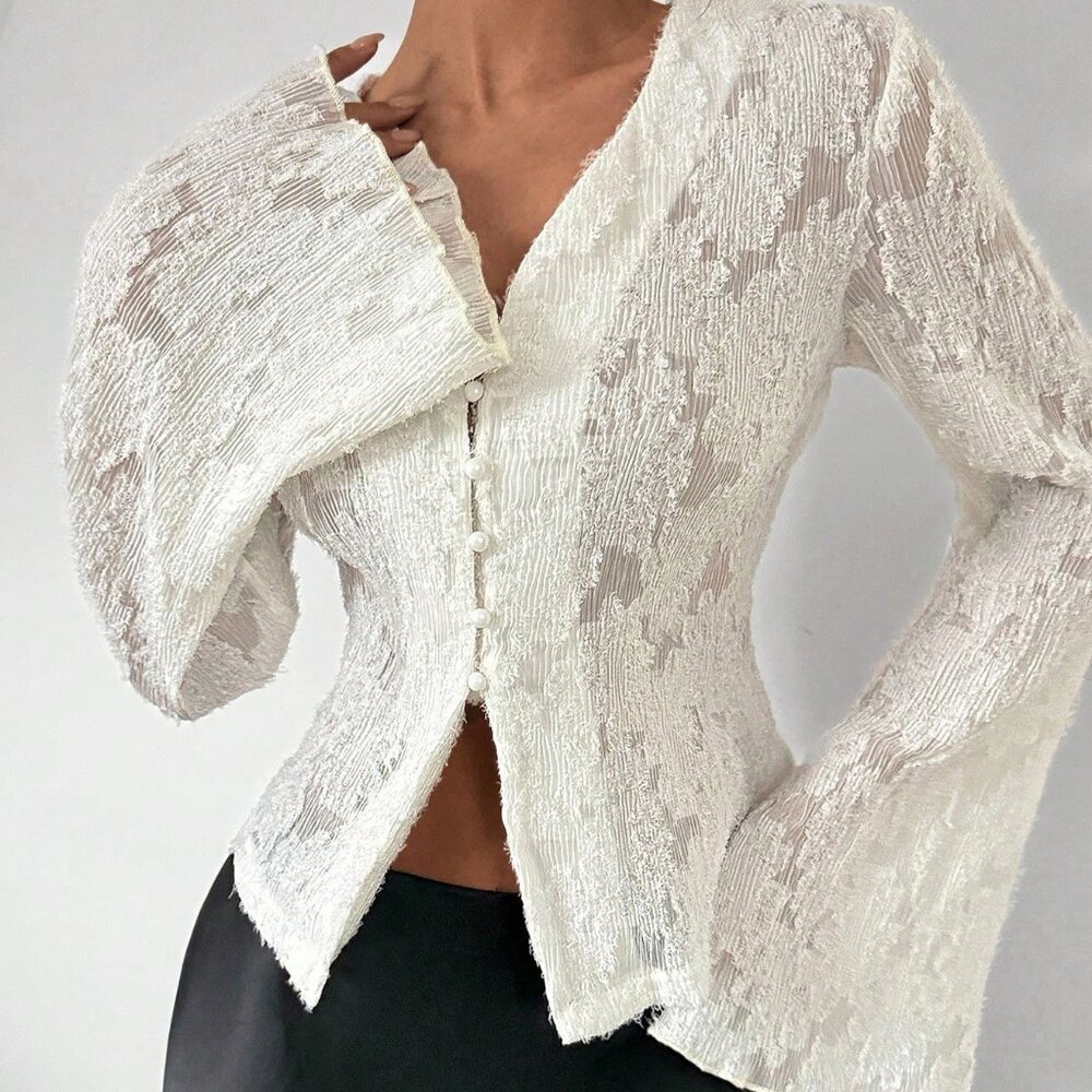 White Elegant Women's Lace Bell Sleeve Blouse
